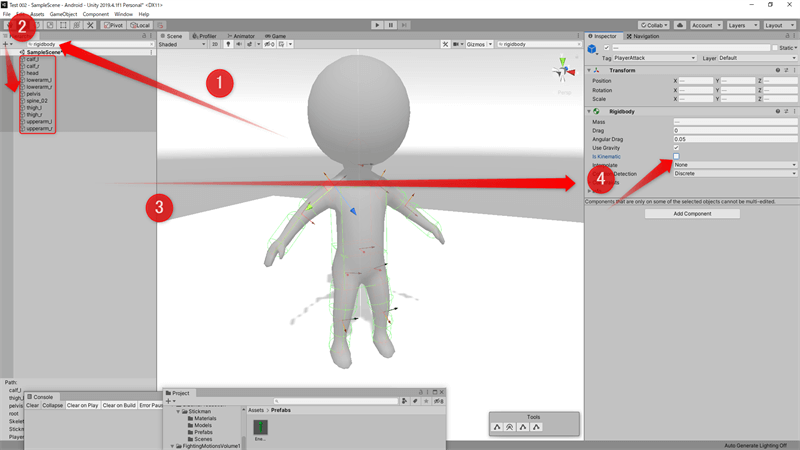 ラグドールのRigidbodyを固定化